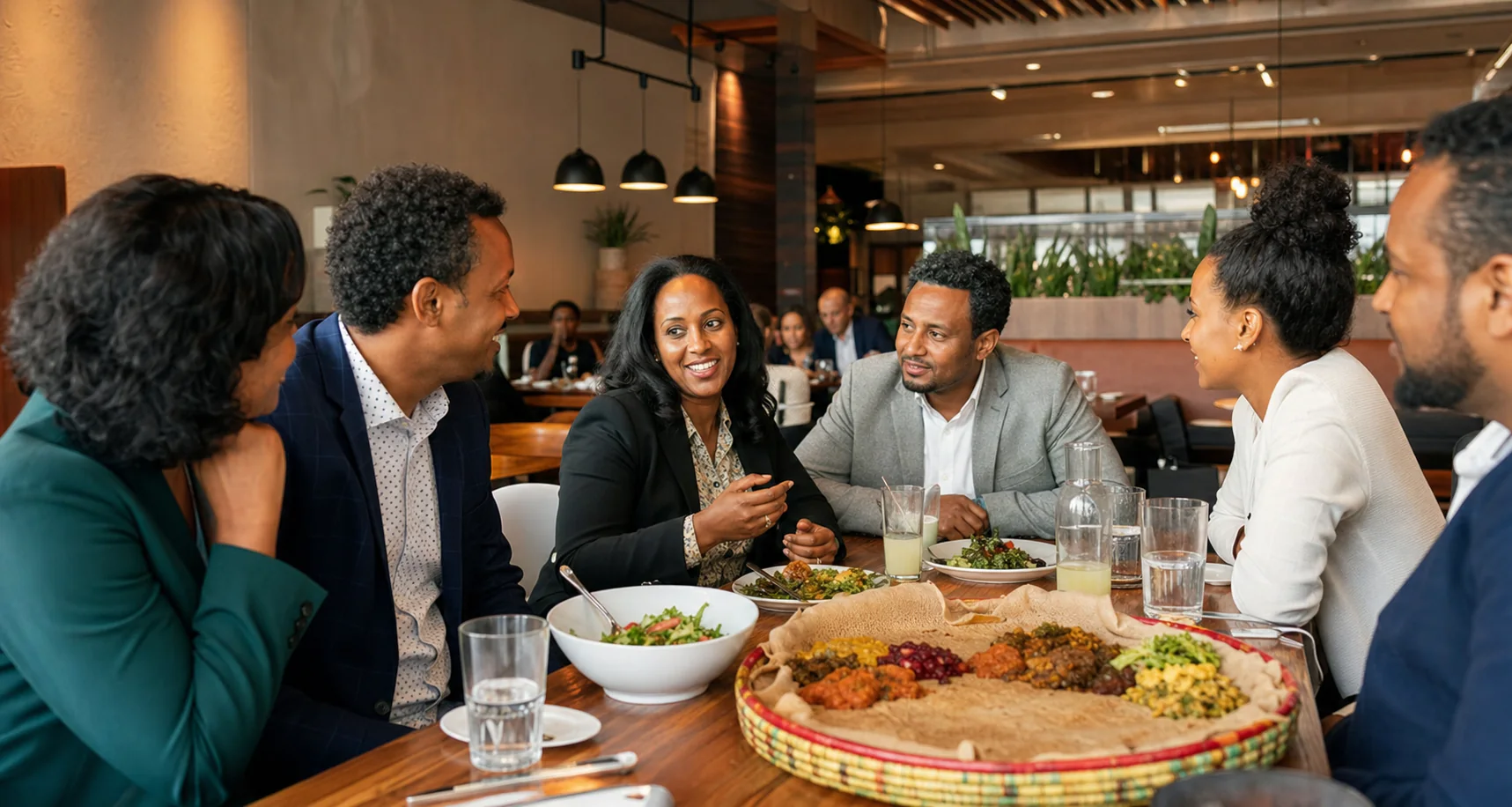 Chamber members sharing a meal at an Ethiopian restaurant