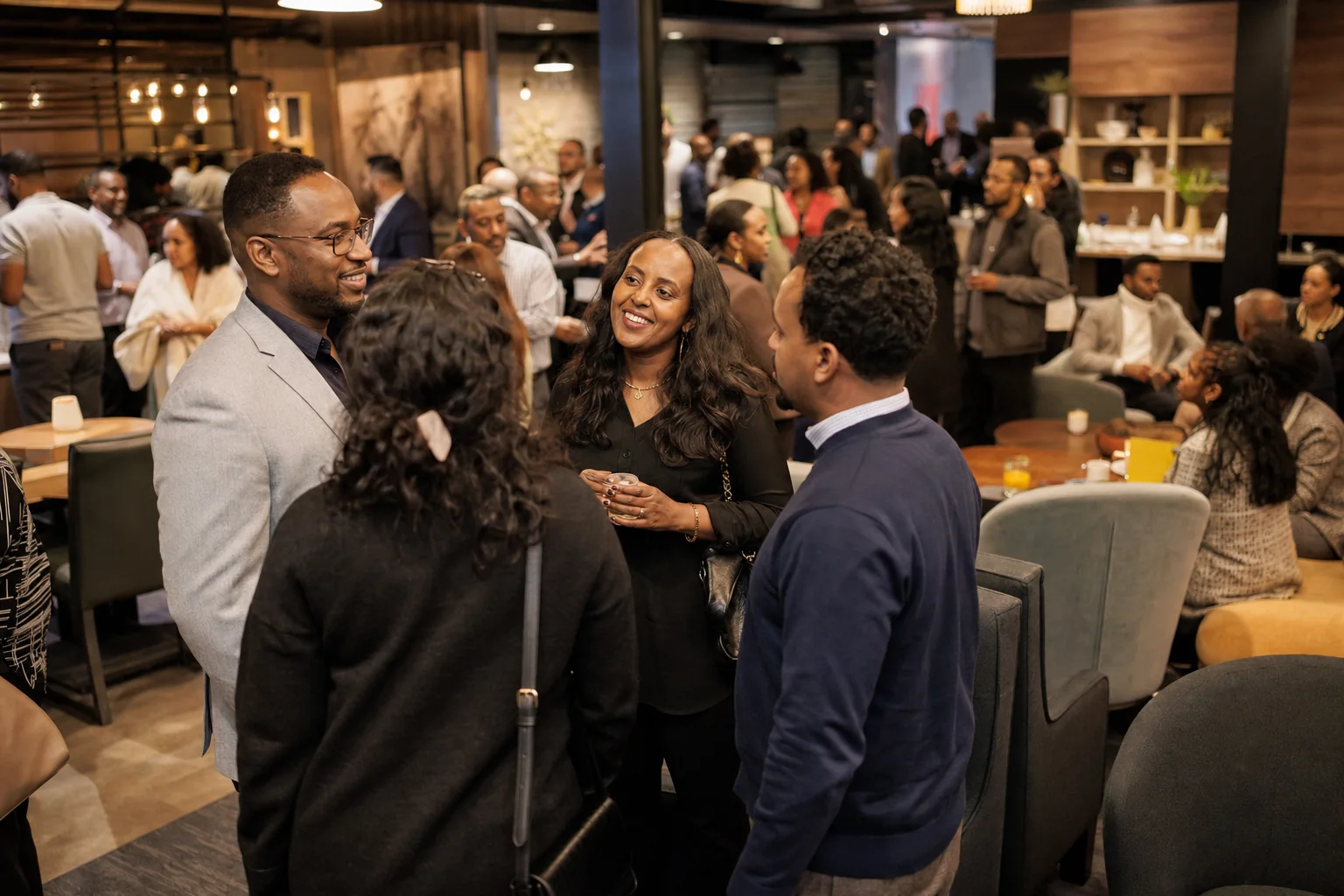 Community members connecting in a lounge setting